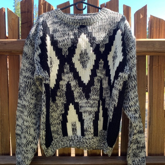 Vintage black white gray chevron chunky knit crewneck oversized grandpa sweater - Picture 14 of 16